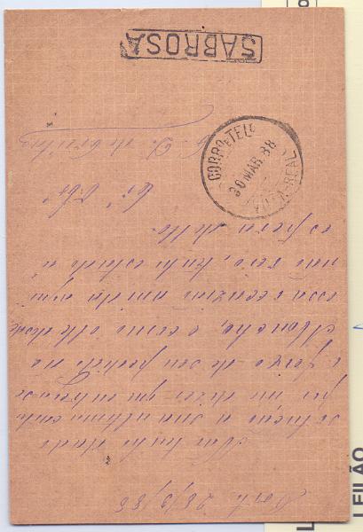 0184 v.jpg -     Lote:    184 (verso)            Portugal       Descrição:         1884/87 &mdash; D. Luís I, de frente. OM9, 10 reis, circulado do Porto (29.03.88) para Chaves, com trânsito por Vila Real (30.03.88) e Sabrosa. Carimbo nominativo batido a preto "SABROZA". Rara circulação.        IC       Valor Base:     &euro; 25,00     Valor Venda:     Retirado     